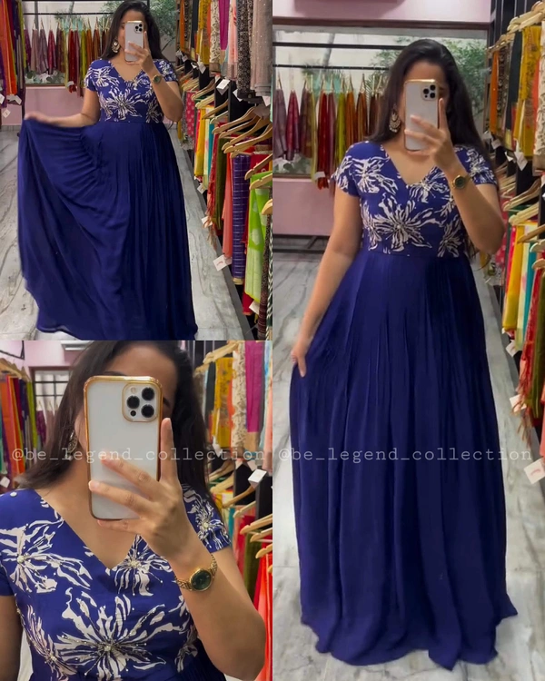 Beautiful Print on Soft Faux Georgette with Hand-work on Yoke  - Blue, XL