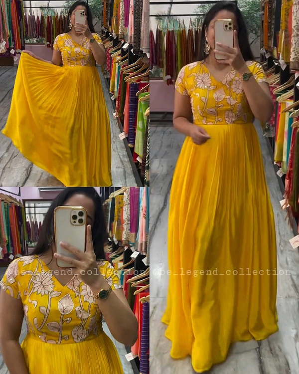Beautiful Print on Soft Faux Georgette with Hand-work on Yoke  - Yellow, XL