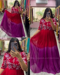 Beautiful Print on Soft Faux Georgette with Hand-work on Yoke  - Purple[1st], M