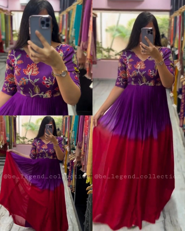 Beautiful Print on Soft Faux Georgette with Hand-work on Yoke  - Purple[1st], XL