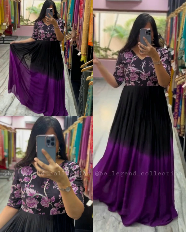 Beautiful Print on Soft Faux Georgette with Hand-work on Yoke  - Black, 2XL
