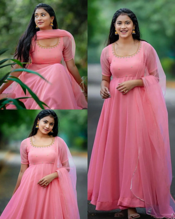 PEACH GOWN DUPATTA SET - M