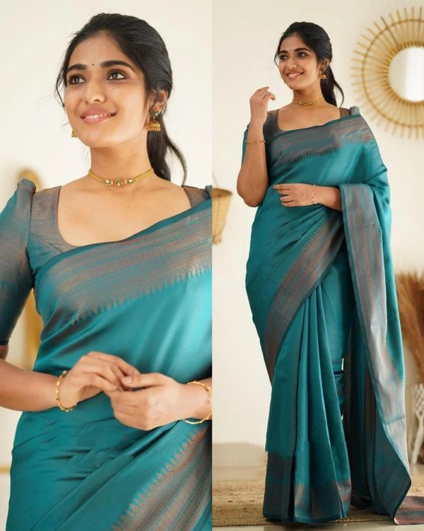 Beautiful Kanjeevaram Silk Jacquard Saree With Rich Pallu - Green, Free Size