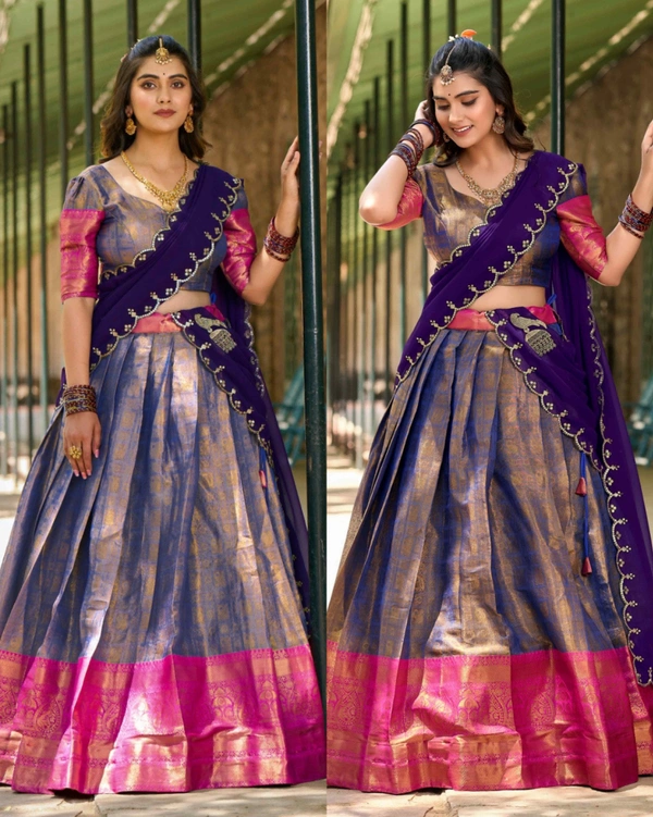 Luxury of Kanjivaram silk Lehenga - Blue, Semi Stitched