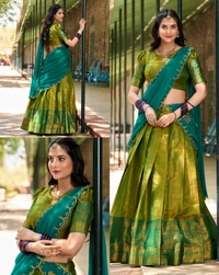 Luxury of Kanjivaram silk Lehenga - Blue, Semi Stitched