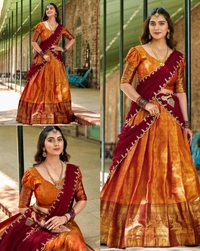Luxury of Kanjivaram silk Lehenga - Blue, Semi Stitched