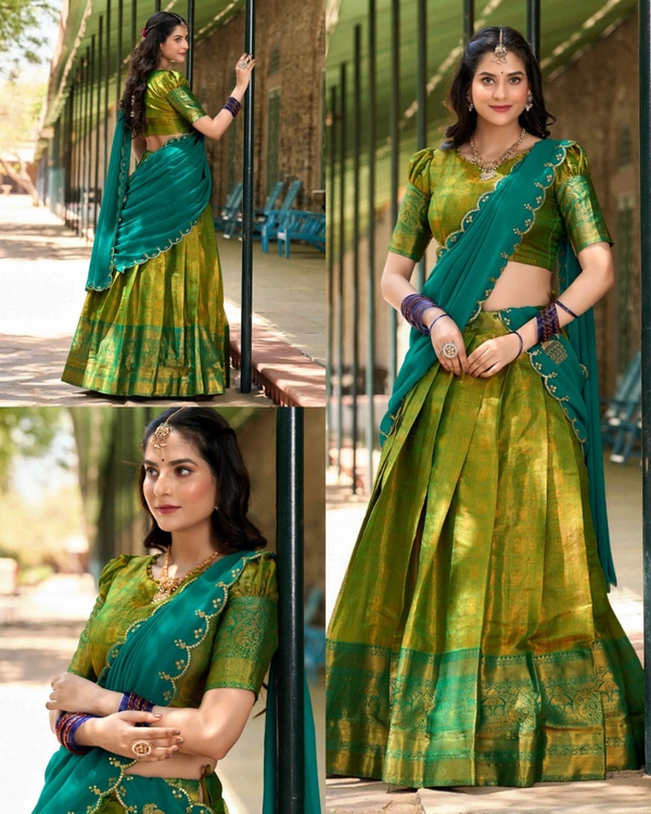 Luxury of Kanjivaram silk Lehenga - Green, Semi Stitched