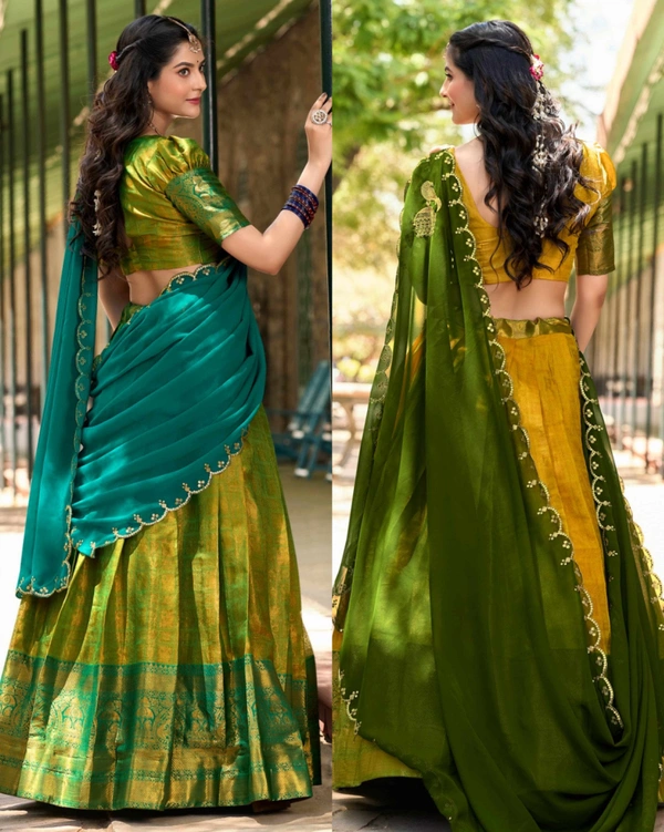 Luxury of Kanjivaram silk Lehenga - Yellow, Semi Stitched