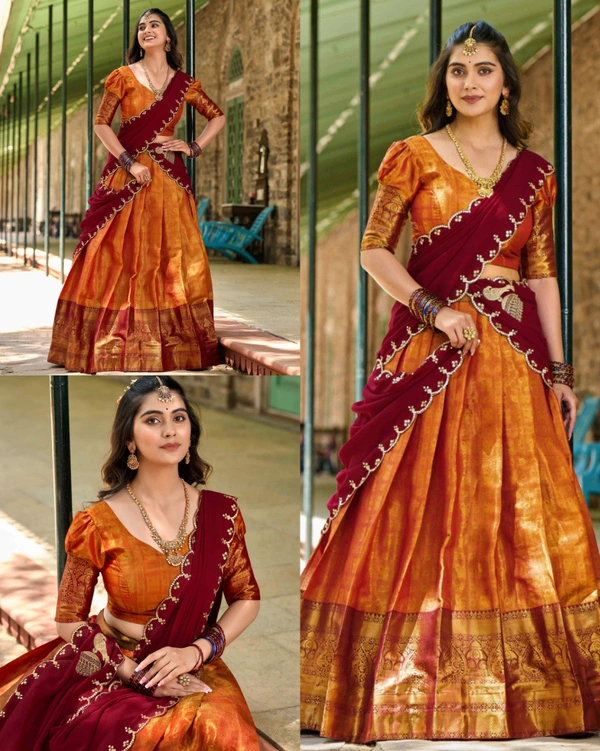 Luxury of Kanjivaram silk Lehenga - Orange, Semi Stitched