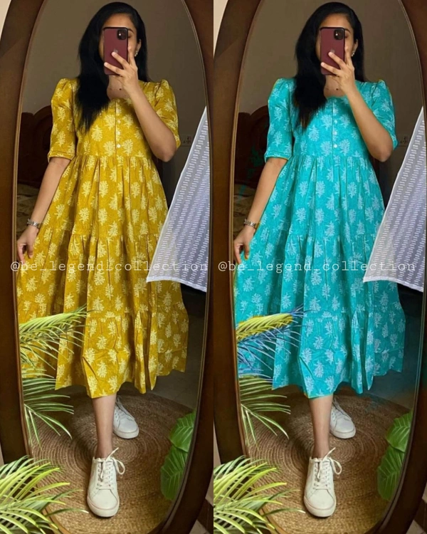 New Beautiful  printed Lotus flower  cotton middi Gown dress - Mastard, M