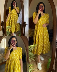 New Beautiful  printed Lotus flower  cotton middi Gown dress - Mastard, M