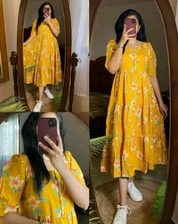 New Beautiful  printed Lotus flower  cotton middi Gown dress - Mastard, M
