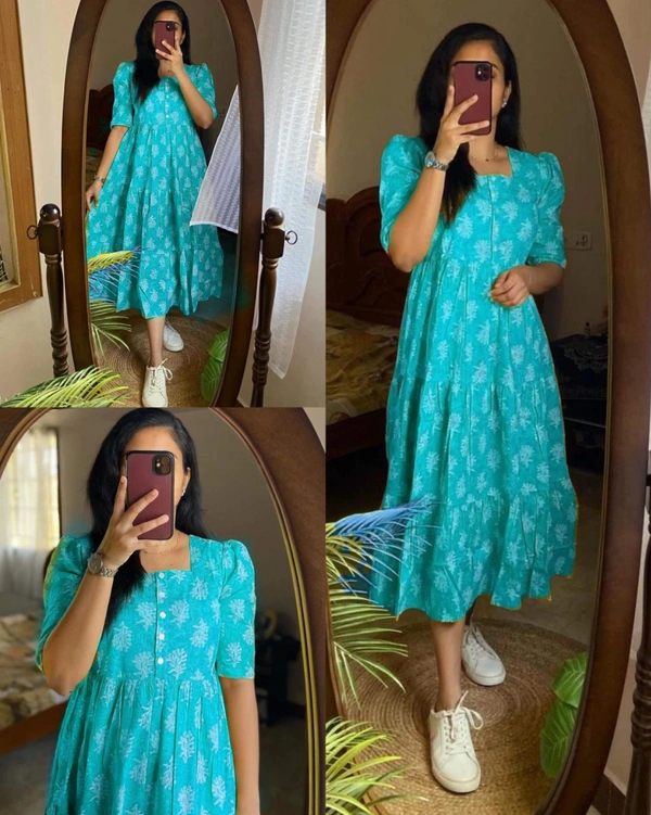 New Beautiful  printed Lotus flower  cotton middi Gown dress - Sky Blue, 2XL