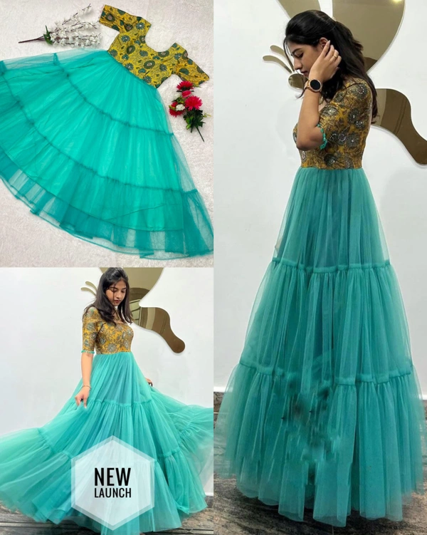 Trending Handwork 3-Layer Gown With Full Flare & Beautiful Lace Work Sleeves - M