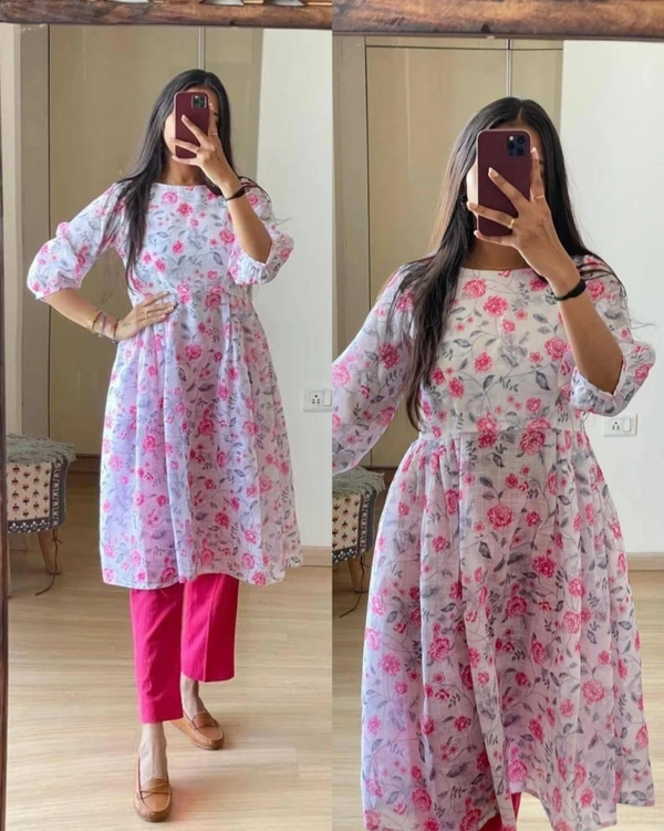 Premium Printed Kurti With Ballon Sleev - L, Gray