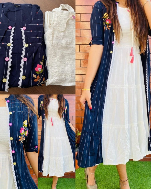 Premium navy blue stylish stripe shrug with heavy embroidery on shrug - 2XL