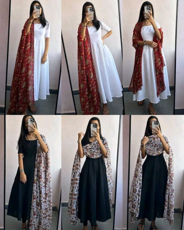 Flared Kurta With Digital Printed Georgette Fabric Dupatta - Black, M