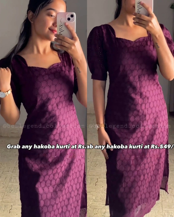 Special summer collections includes Hakoba Cotton kurtis with lining and bell sleeve - wine, 2XL