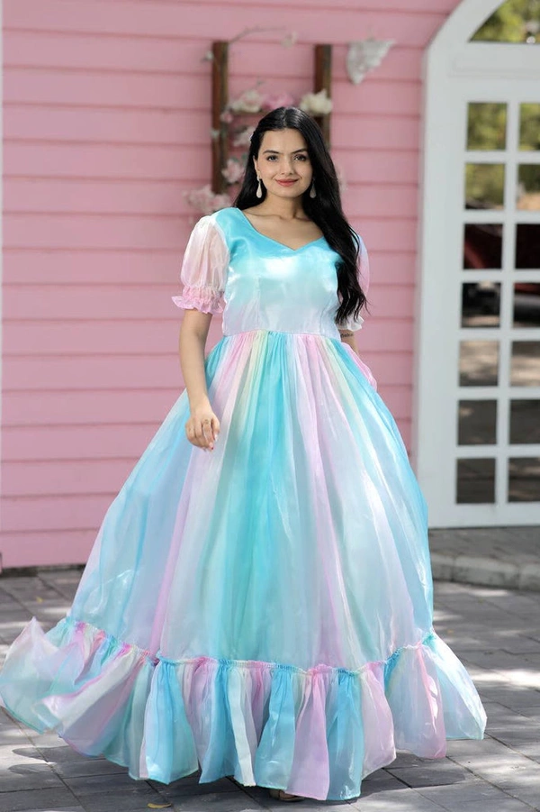 Printed Organza Flared Gown in Sky Blue and Multicolor - S