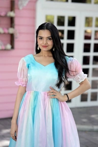 Printed Organza Flared Gown in Sky Blue and Multicolor - S