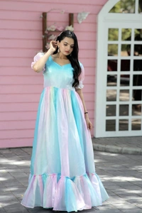 Printed Organza Flared Gown in Sky Blue and Multicolor - S
