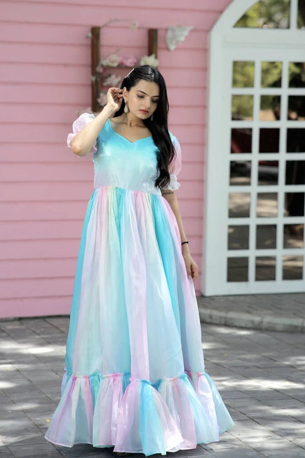 Printed Organza Flared Gown in Sky Blue and Multicolor - S