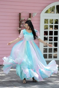 Printed Organza Flared Gown in Sky Blue and Multicolor - L