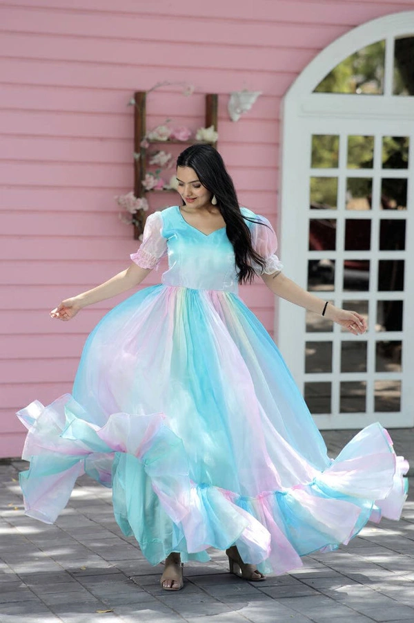 Printed Organza Flared Gown in Sky Blue and Multicolor - L