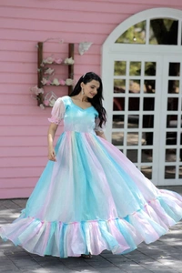 Printed Organza Flared Gown in Sky Blue and Multicolor - XL