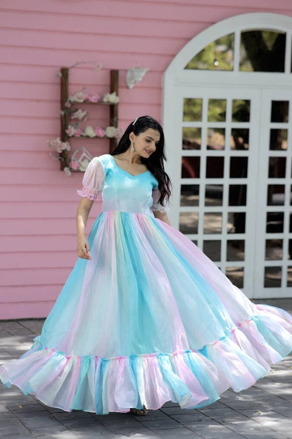 Printed Organza Flared Gown in Sky Blue and Multicolor - XL