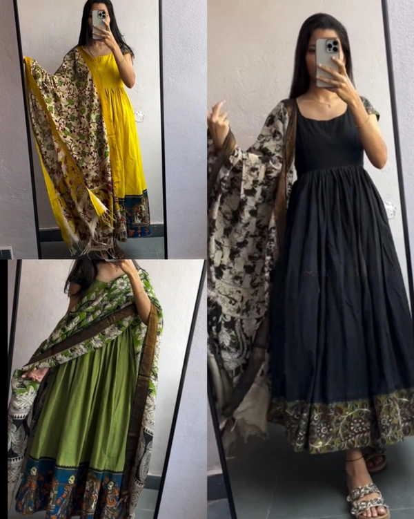 Cotton Kurti Gown with full Side Banarasi Border dupattaGOWN+DUPATTA SET - Black, S