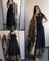 Cotton Kurti Gown with full Side Banarasi Border dupattaGOWN+DUPATTA SET - Black, S
