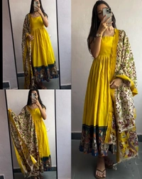 Cotton Kurti Gown with full Side Banarasi Border dupattaGOWN+DUPATTA SET - Black, S