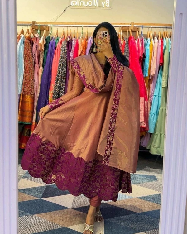Trendy Designer Silk Gown A Beautiful Blend Of elegance and Charm For This Wedding and festival - XL, Sepia Skin