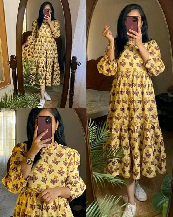 New Beautiful Printed cotton middi Gown dress - purple, M