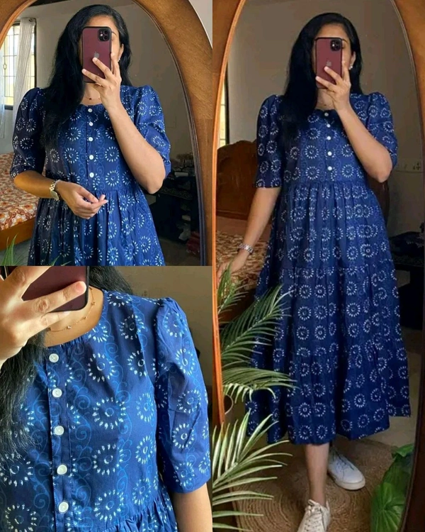 New Beautiful Printed cotton middi Gown dress - Blue, 2XL