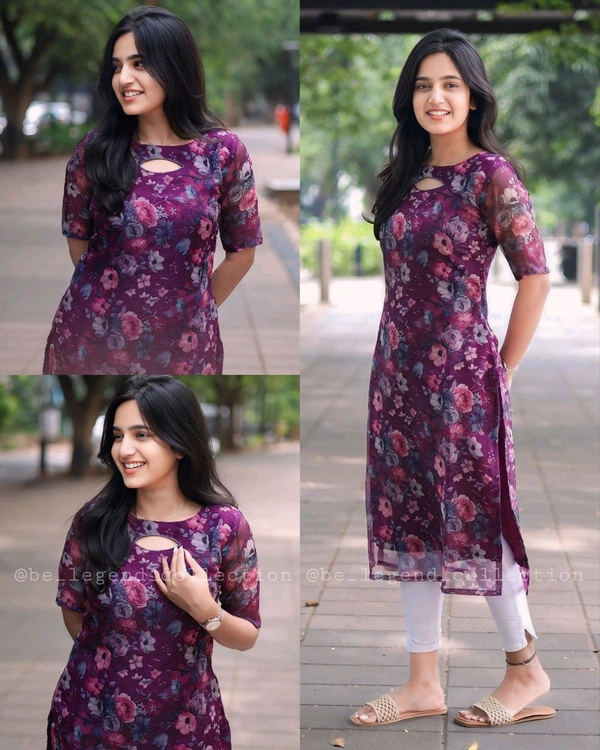 💜💜Women Purple Floral Printed Kurthi Oval Neck Elbow Hand💜💜 - S
