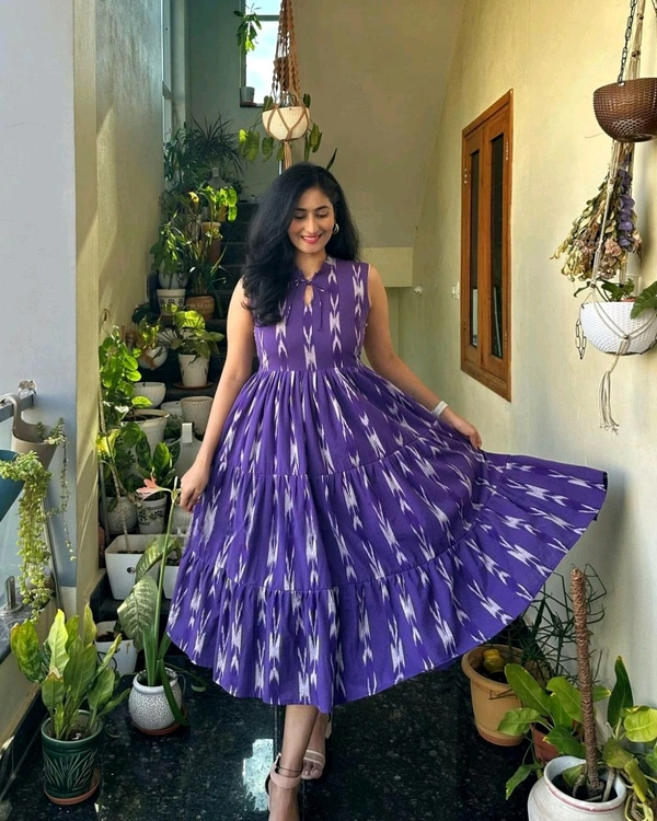 New Beautiful Printed cotton middi cut-sleeves Gown dress - Pigment Indigo, L