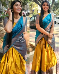 Latest South Indian Women Lehenga - Yellow & Green, Free Size