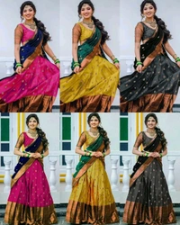 Latest South Indian Women Lehenga - Yellow & Green, Free Size