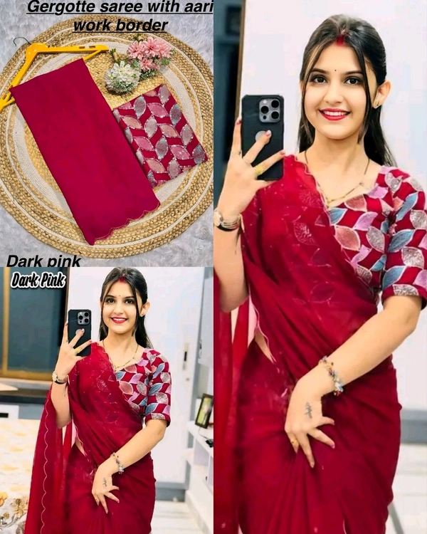 Smooth Georgette With Aari Border - Free Size, Dark Pink
