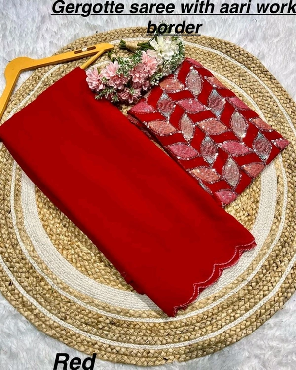 Smooth Georgette With Aari Border - Free Size, Dark Pink