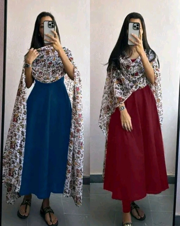 Flared Kurta With Digital Printed Georgette Fabric Dupatta - Aque Blue, 2XL