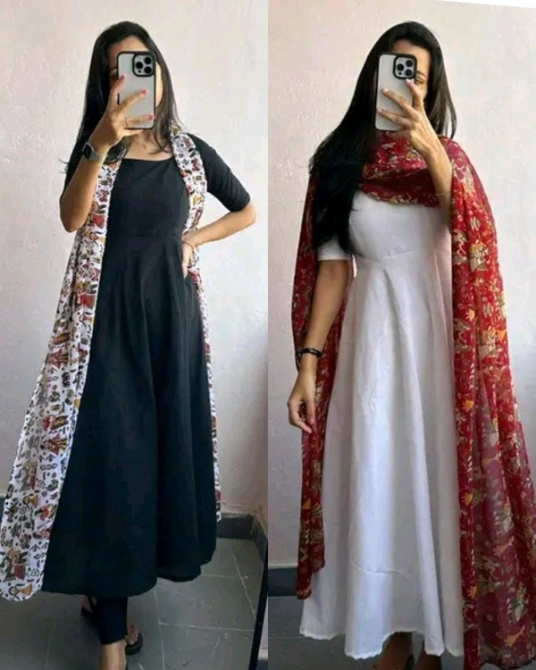 Flared Kurta With Digital Printed Georgette Fabric Dupatta - Black, L