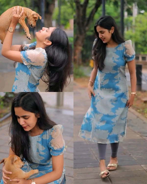 Blue organza Top with puff sleeves - L