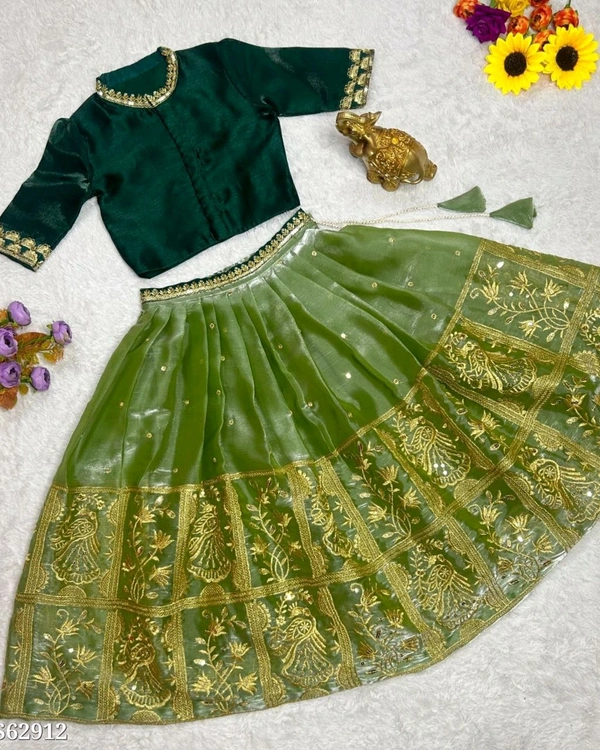 Child Wears Beautifully Stitched Soft Burberry Silk with Beautiful Sequins Embroidered Work  - Green, 1-2 Years
