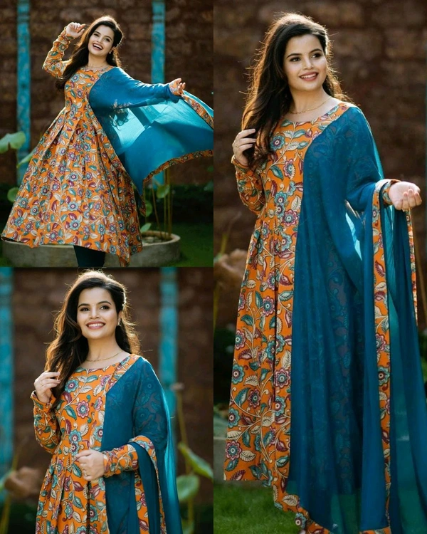 This beautiful Georgette Maxi with Dupptta in classic Kalamkari printed - S