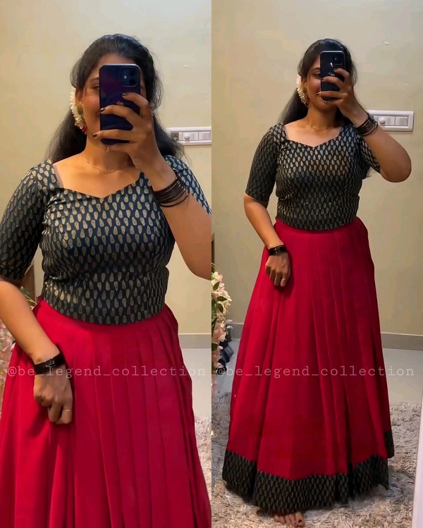 Beautiful Pleated Skirt With Border And Brocade Blouse In Cotton Available As :-Stitched Skirt+ Stitched Blouse - Free Size