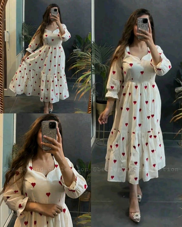New Beautiful printed heart mini dress color Cream cotton middi Gown dress with beautiful sleeve - XL