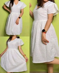 Women Cotton Cambric Printed V-Neck Dress (White) - S